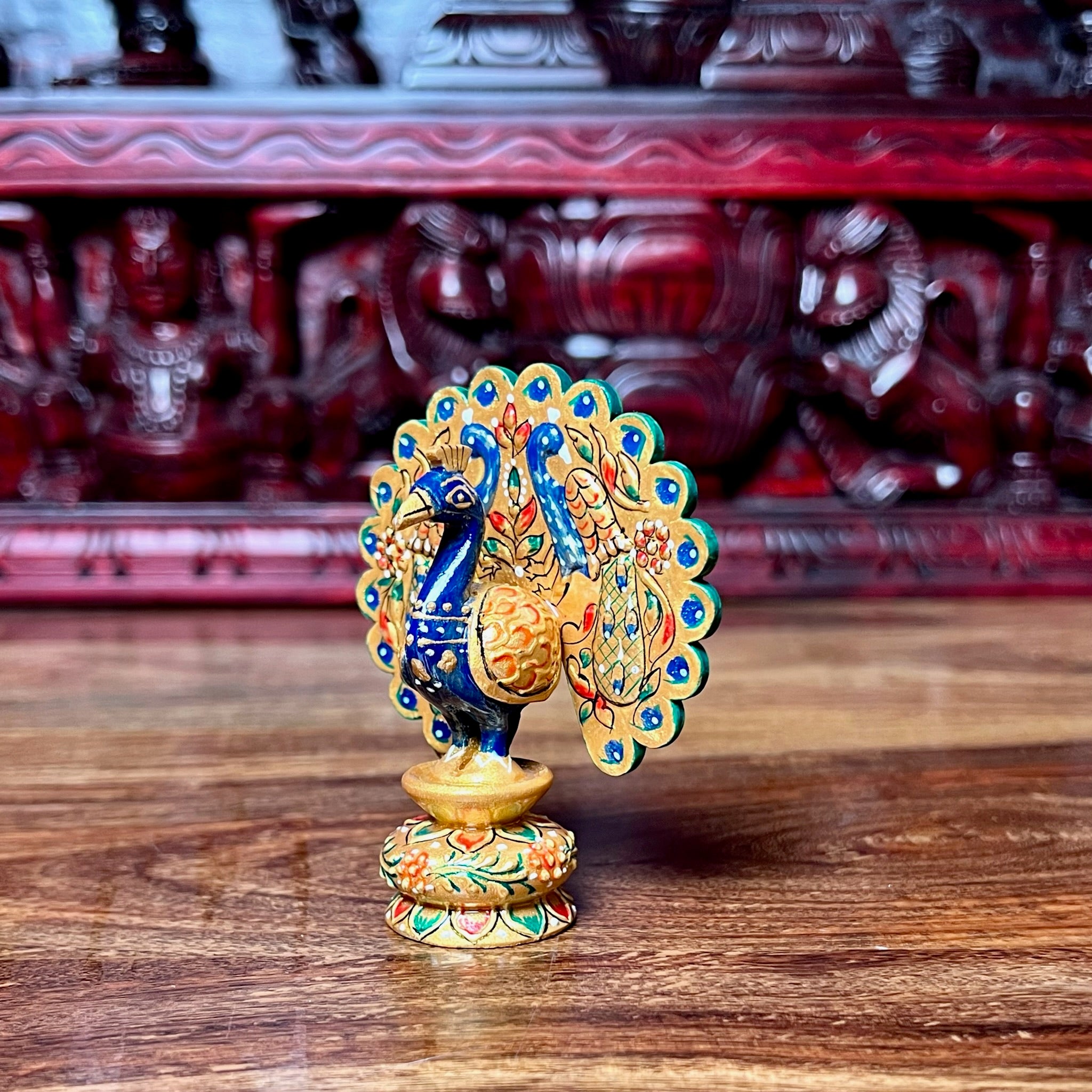 WOODEN HAND-PAINTED PEACOCK DANCING